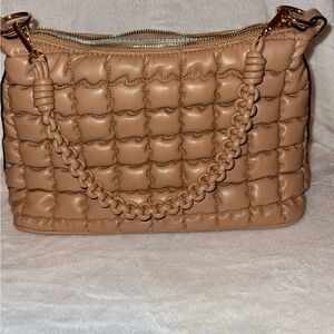 Vegan Leather Quilted Tan Shoulder Bag with Braided Top Handle